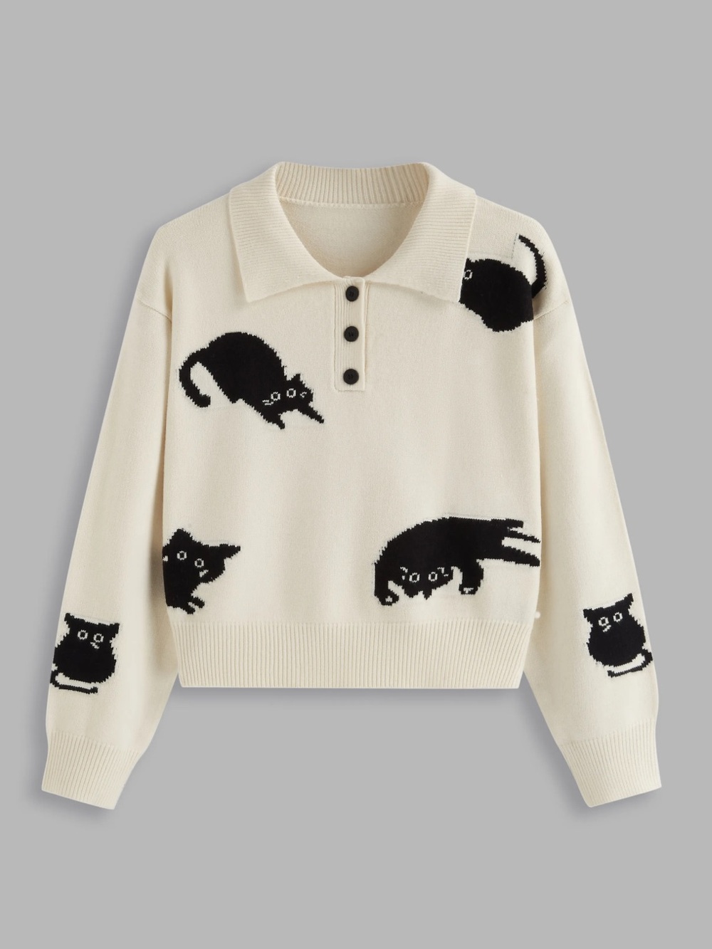 Knit Long Sleeve Polo with Cat Design